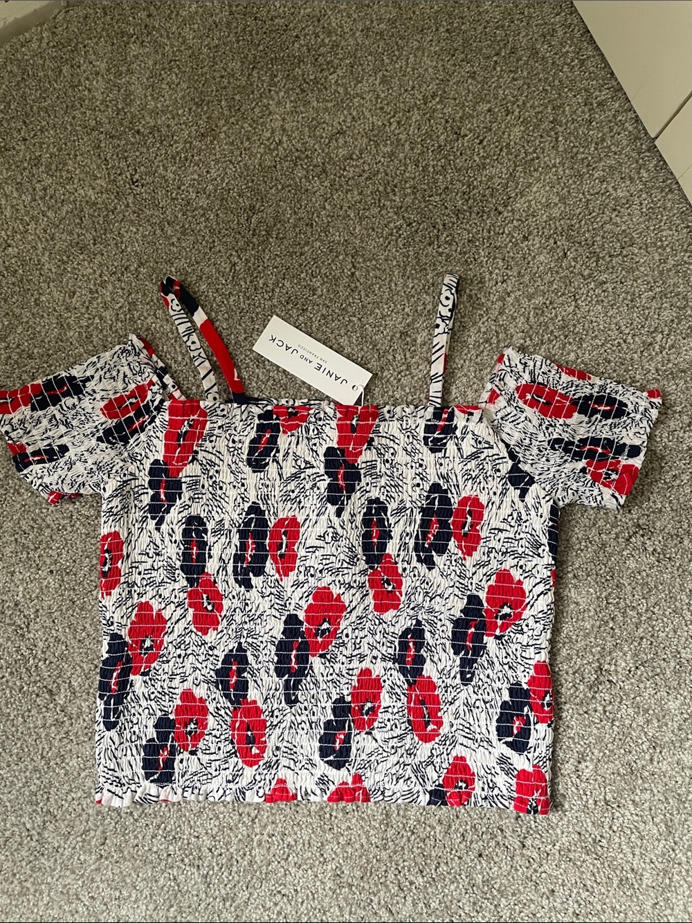NWT Janie and Jack Red, Navy & White Floral Smocked Tank Top Sz 12
